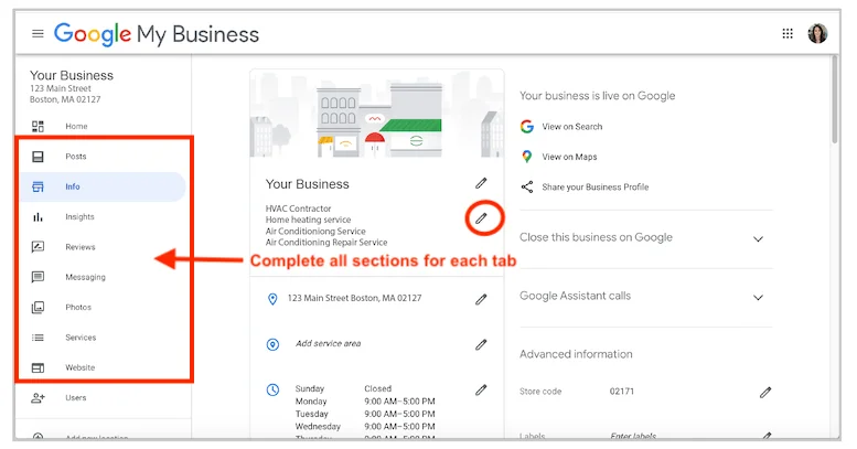 todas as seções no painel da conta do google meu negócio para otimização do google meu negócio