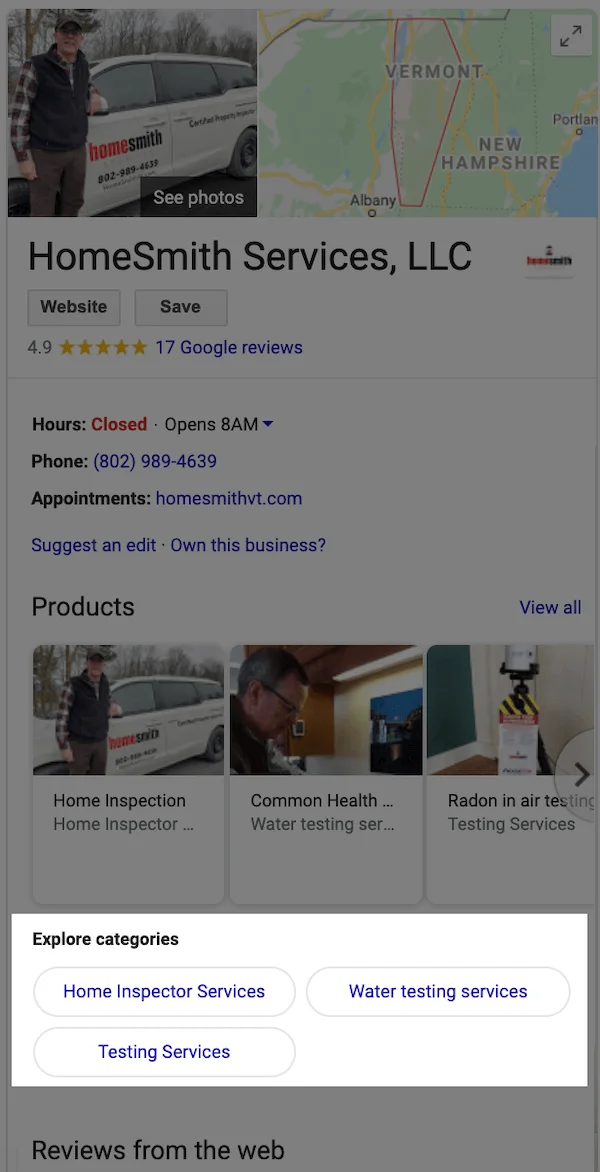 google my business optimization explore categories section of listing