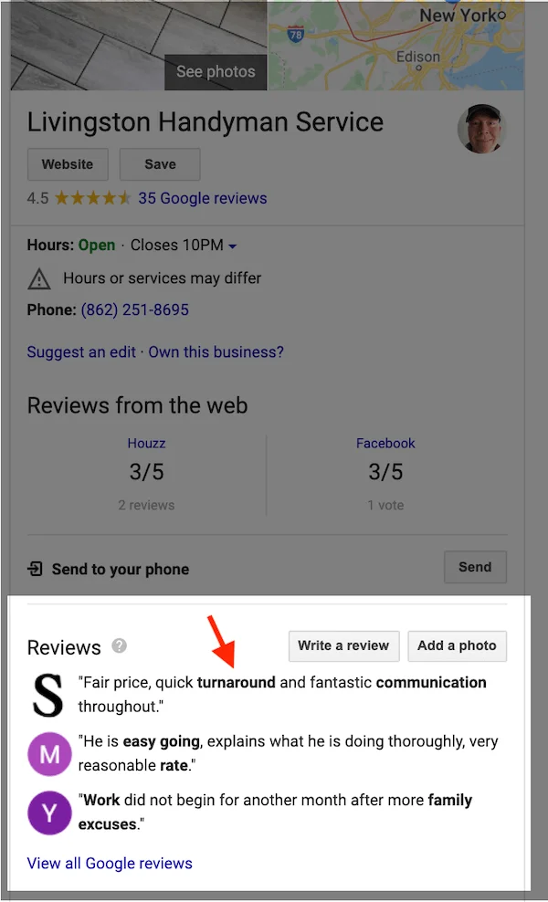 google minhas palavras-chave de otimização de negócios em negrito nas avaliações