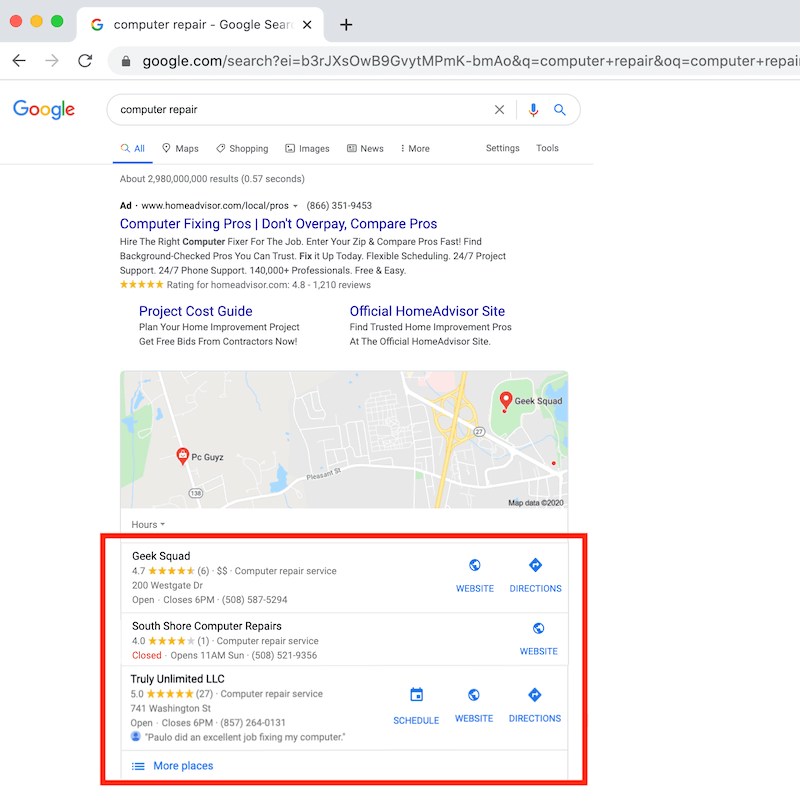 google meus perfis de otimização de negócios no pacote local