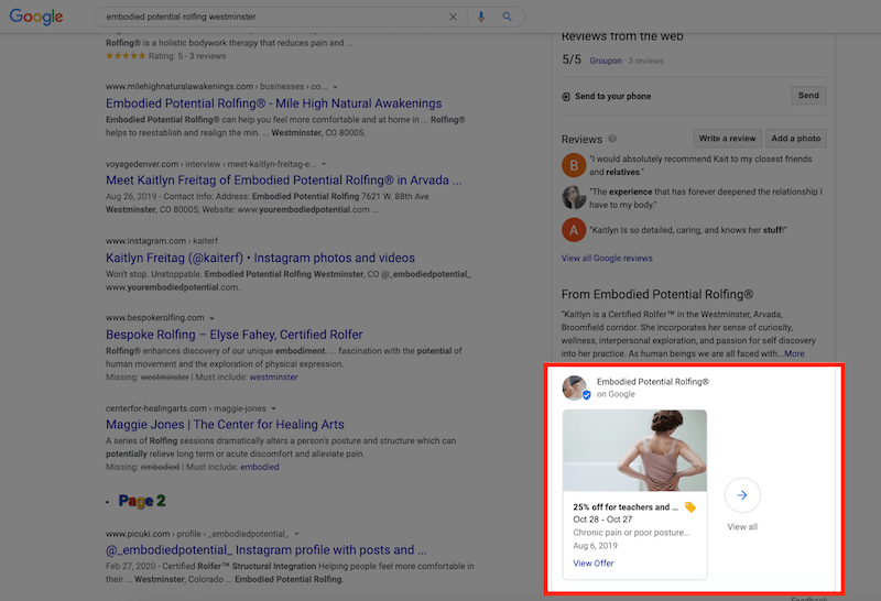 google minhas postagens de otimização de negócios no perfil