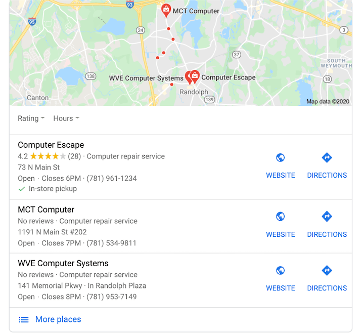 as classificações de estrelas de otimização do google my business são exibidas no pacote local