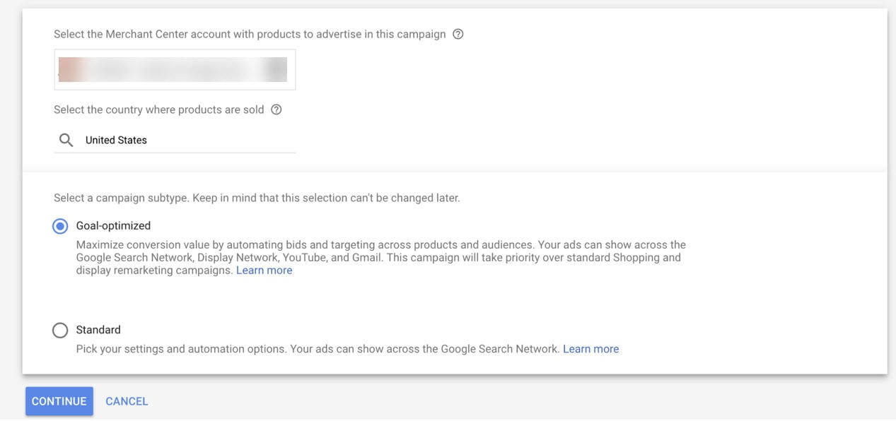 Google Smart Shopping Campaign Selection