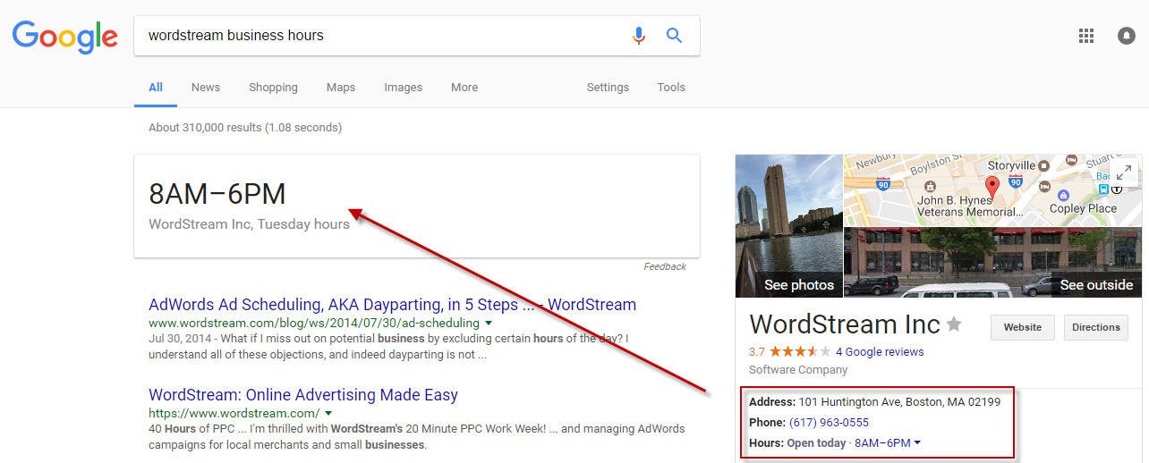 Google Voice Search WordStream business hours knowledge graph 