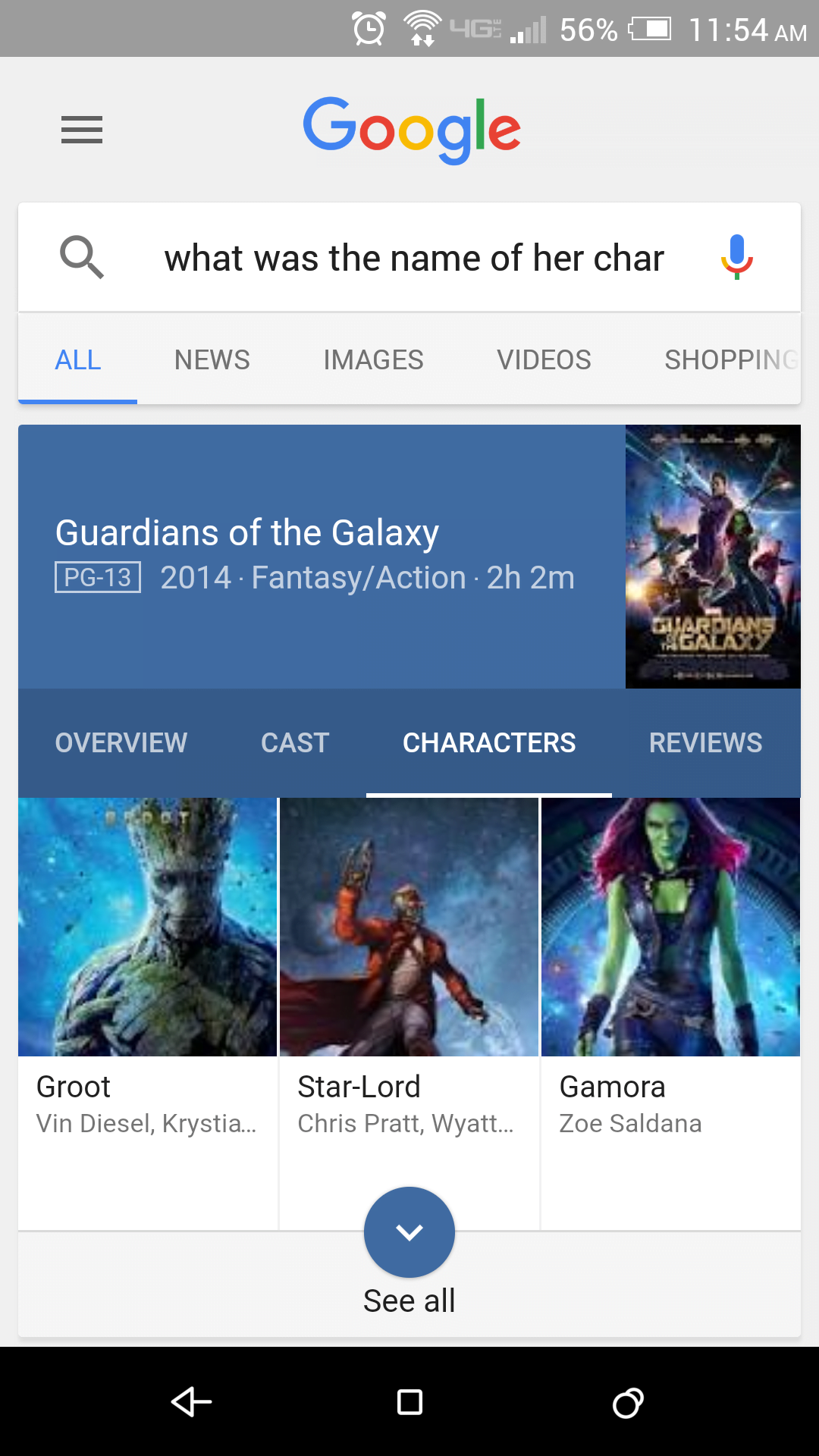 Google Voice Search Zoe Saldana's character in Guardians of the Galaxy