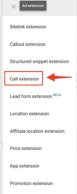 google ads for local business call extension selection