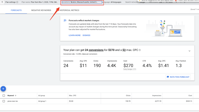 google ads for local business keyword planner location