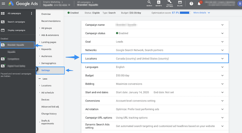google ads for local business target locations