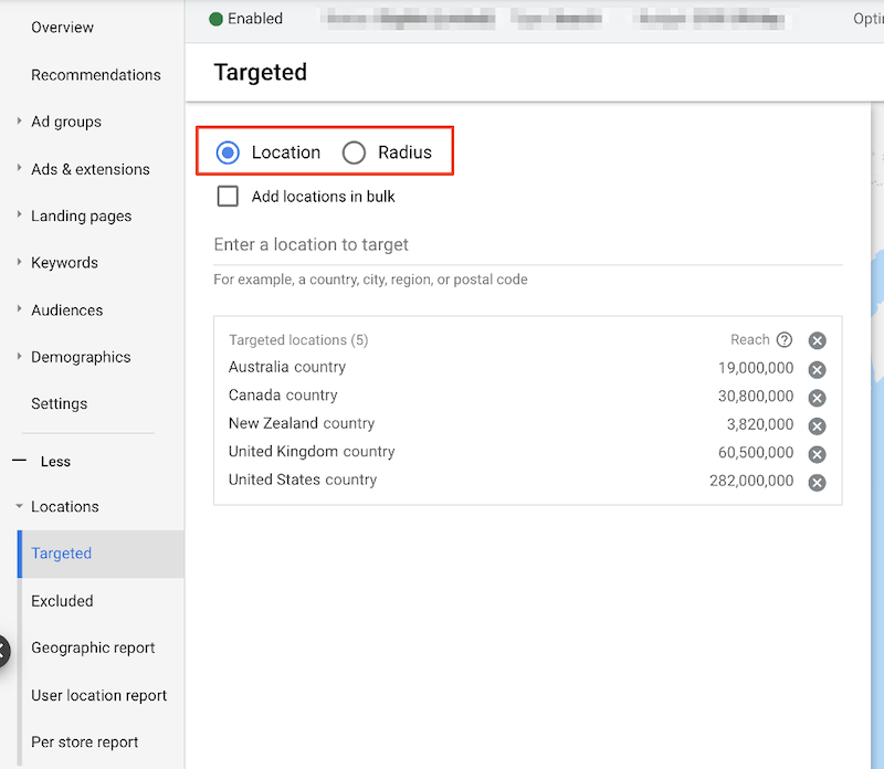 google ads for local business targeting location or radius