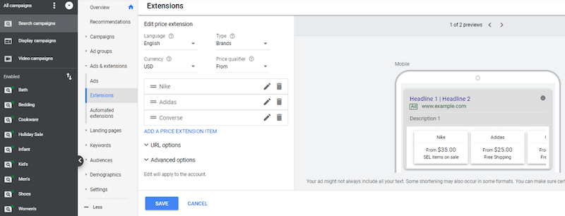 google ads price extensions edit price extensions