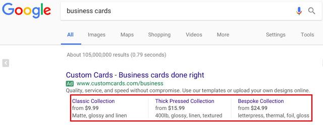 google ads price extensions example biz cards