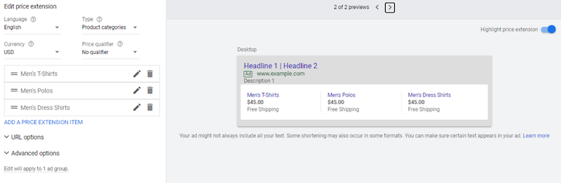 google ads price extensions landing pages