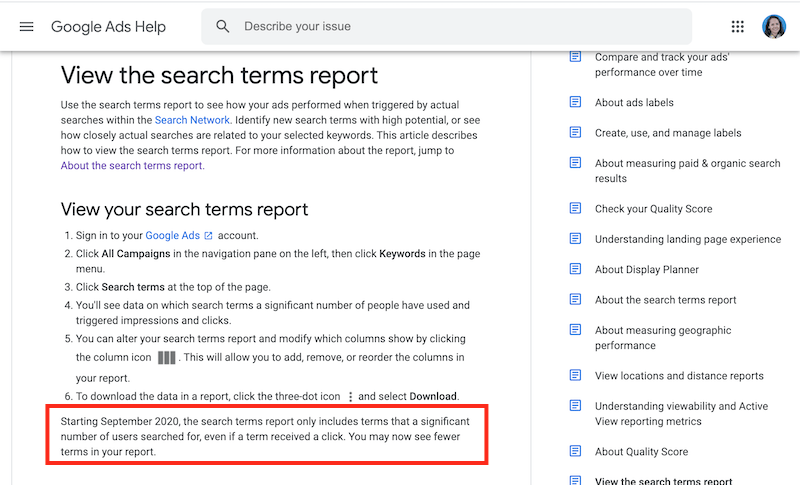 google ads search terms report change announcement