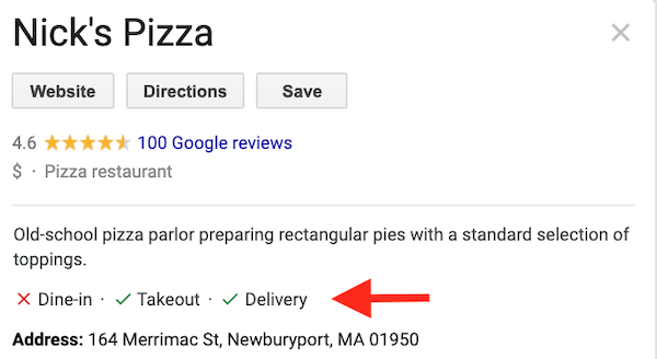 google meus atributos de otimização de negócios nicks pizza