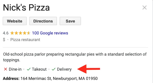 google meus atributos de otimização de negócios nicks pizza