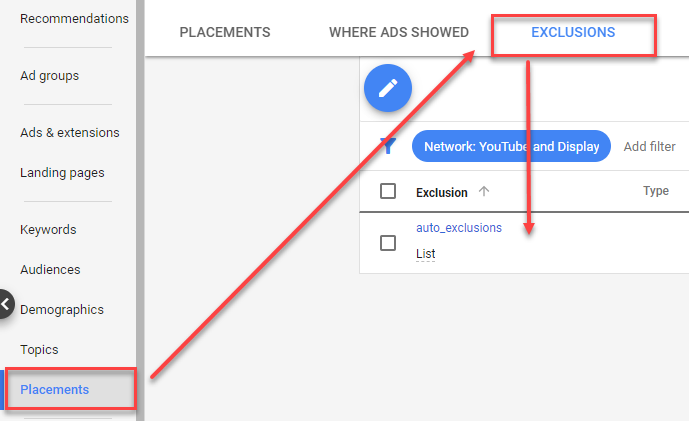 google ads exclusions tab