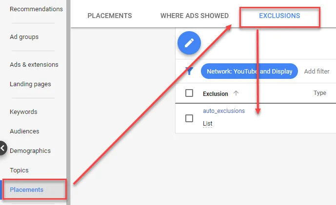 google ads exclusions tab