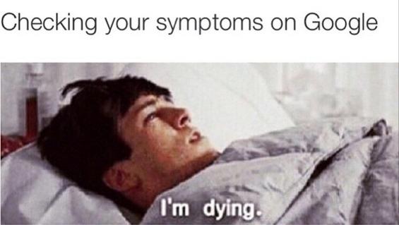 healthcare marketing image of a man googling his symptoms and then lying in bed thinking "i'm dying"