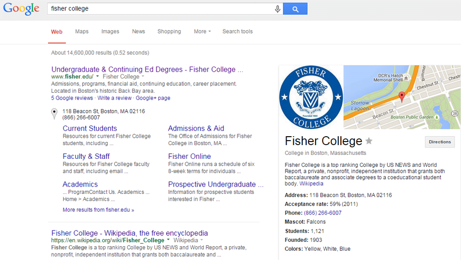 Higher education marketing SERPs for a search for Fisher College
