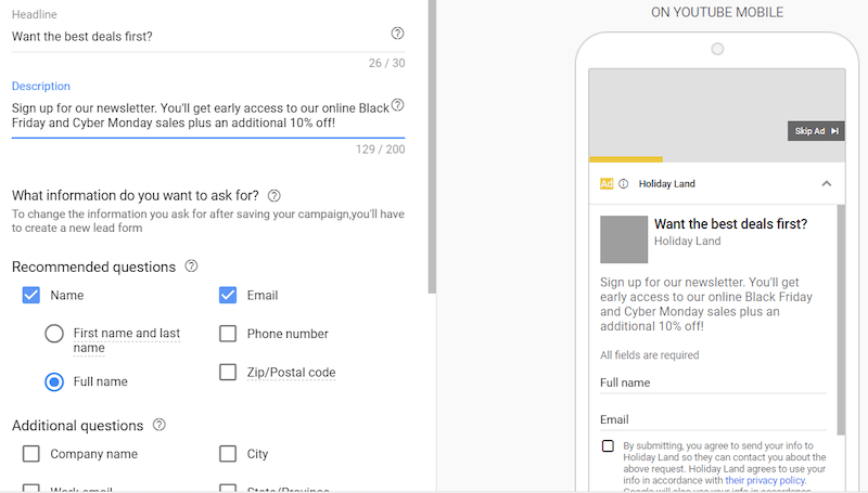 holiday youtube video ad tips youtube lead gen forms