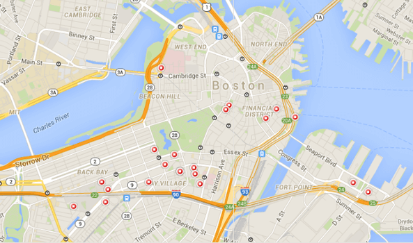 Hotel Ads screenshot showing Google Maps identifying hotels in the Boston area