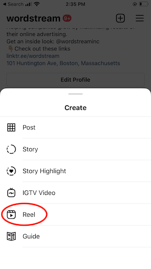 how to create an instagram reel for business-screenshot of media types