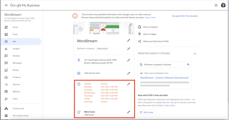 how to edit and update your google business listing hours