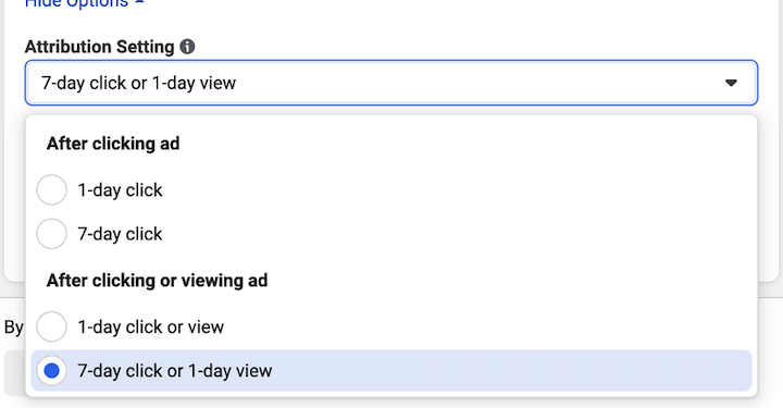 facebook ad attribution window drop-down, now only 7-days in iOS14