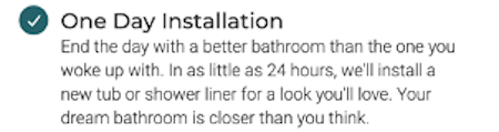 example of copy that sells—bathfitters using "24 hours" instead of "quick"