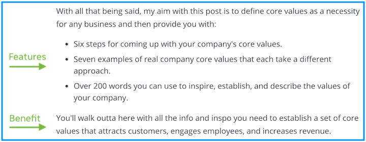 example of copy that sells—features and benefits in blog post intro