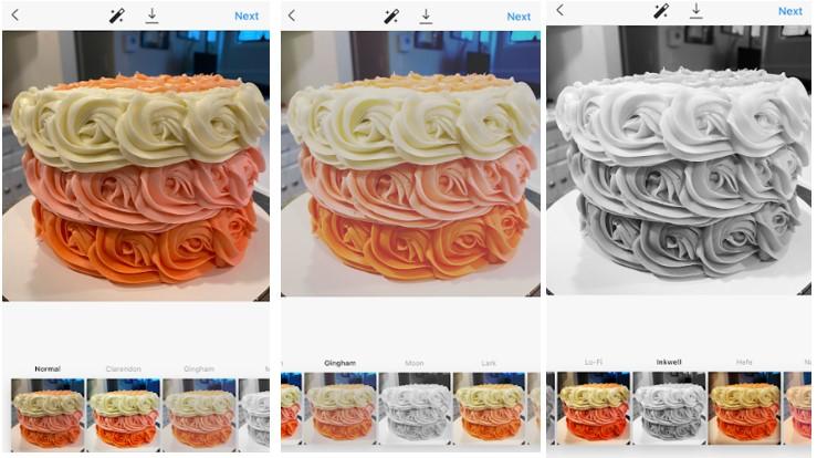 one photo of a cake with three different Instagram filters
