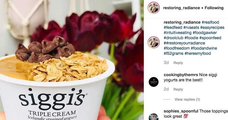 Instagram hashtag post with yogurt and granola