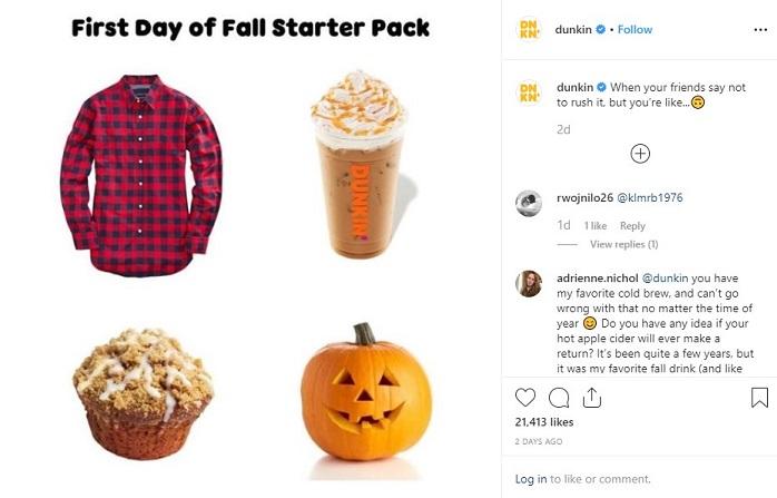 Dunkin's fall starter pack Instagram post
