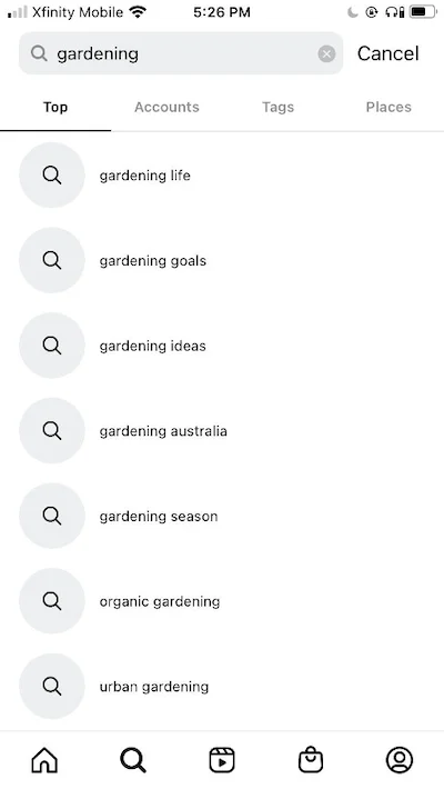 instagram seo—results for a search for the keyword "gardening"