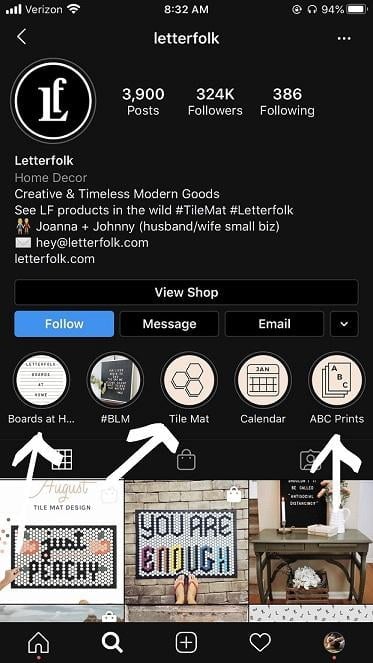 Instagram Story Highlights on Letterfolk's profile