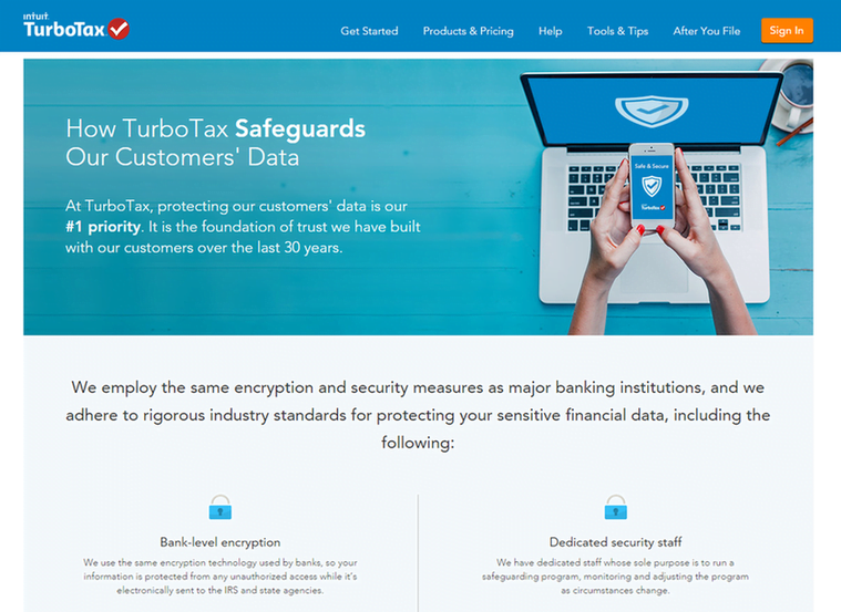 Landing page ideas trust signals security TurboTax data privacy