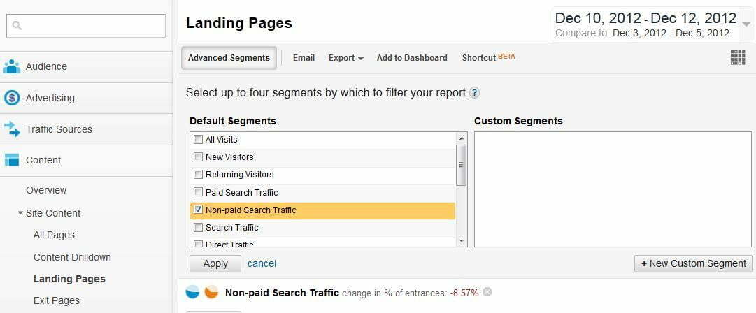 Google Analytics Landing Pages report selection