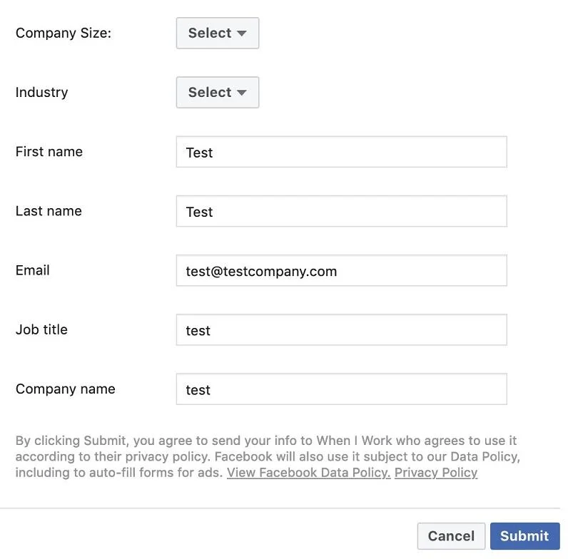 Facebook lead ad create form example