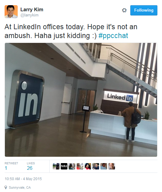 Larry Kim LinkedIn Ads office visit tweet