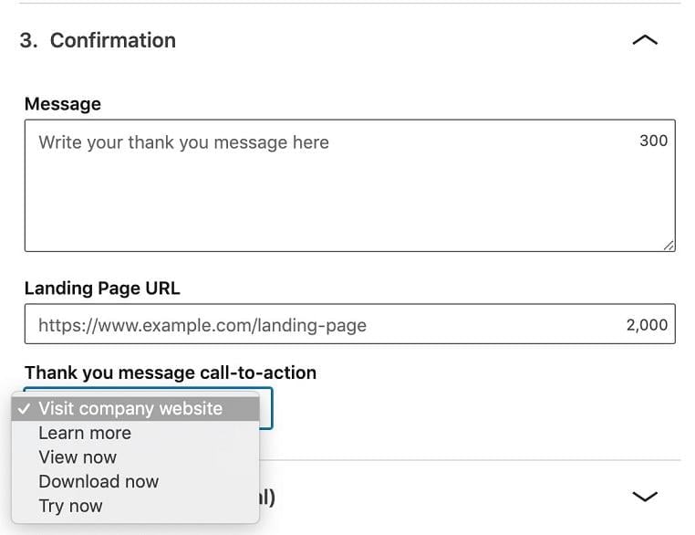 LinkedIn lead generation form "company website" in drop-down menu