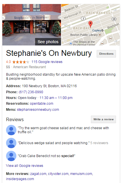Local business marketing screenshot of Stephanie's on Newbury's Google My Business Listing