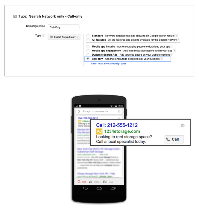 Local business marketing screenshot of setting up a Call-Only campaign in AdWords
