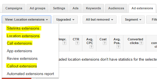 Local business marketing screenshot of AdWords extensions tab