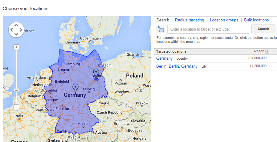 Local business marketing screenshot fromg AdWords advanced locations tab where you can target by radius