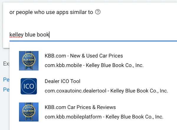google custom audiences—example of app targeting, apps similar to kelley blue book