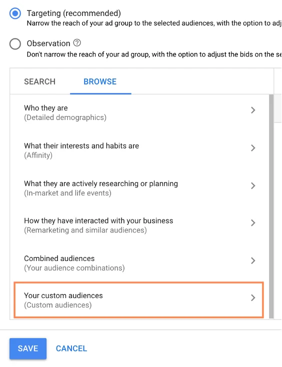 google custom audiences—custom audience option in google ads