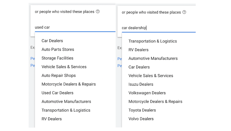 google custom audiences—targeting places a person searching for a used car would visit