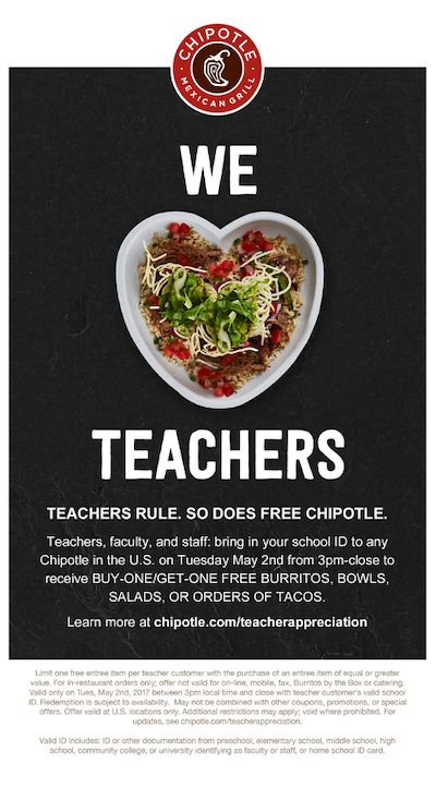 may marketing ideas—chipotle teacher appreciation discount