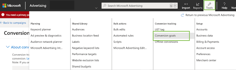 microsoft ads event tracking—conversion goal option in microsoft ads dashboard