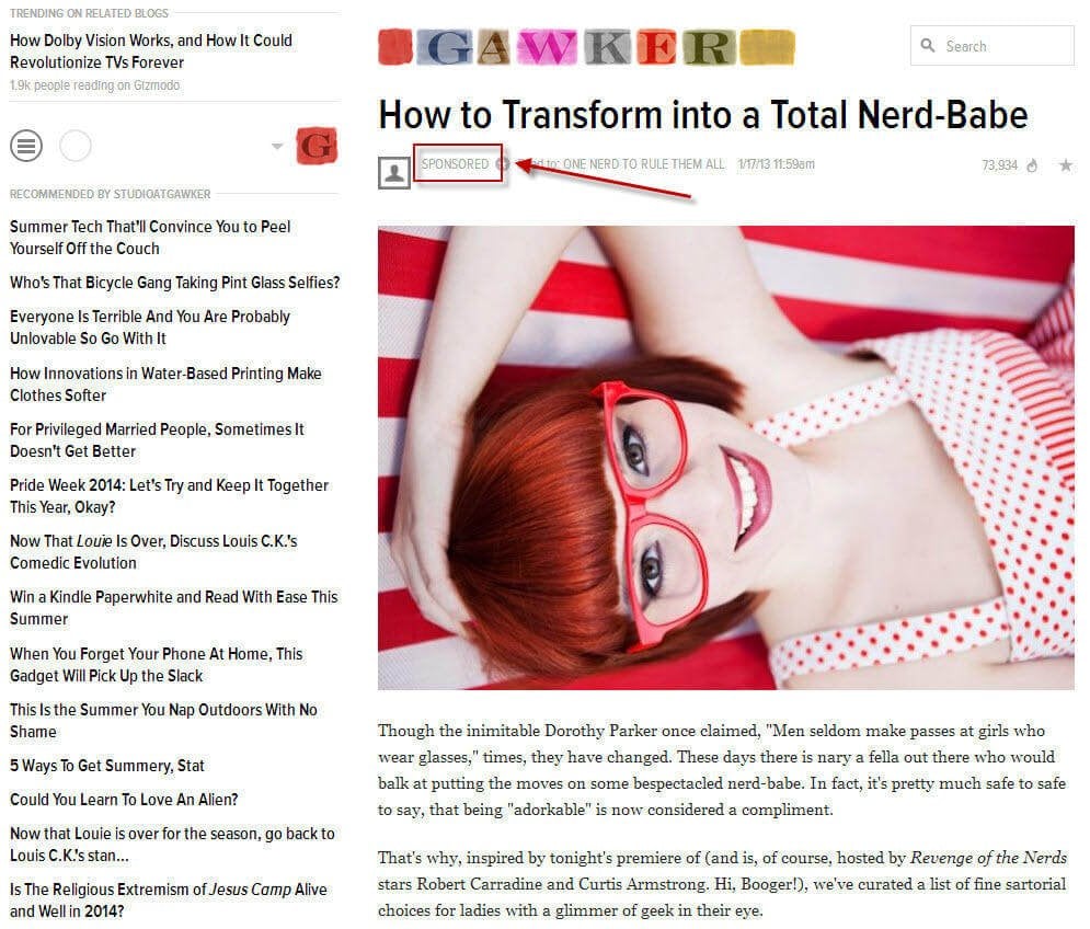 Native advertising examples Gawker nerd babe ad